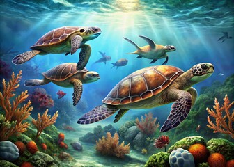 Obraz premium A Digital Graphic Depicting A Group Of Turtles Swimming Underwater, With Sea Plants And Coral In The Background.