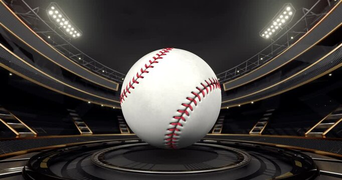 Golden shining sports arena for champions with rotating baseball ball and glowing floodlights in endless loop. Professional 4k video for sport event advertisement.