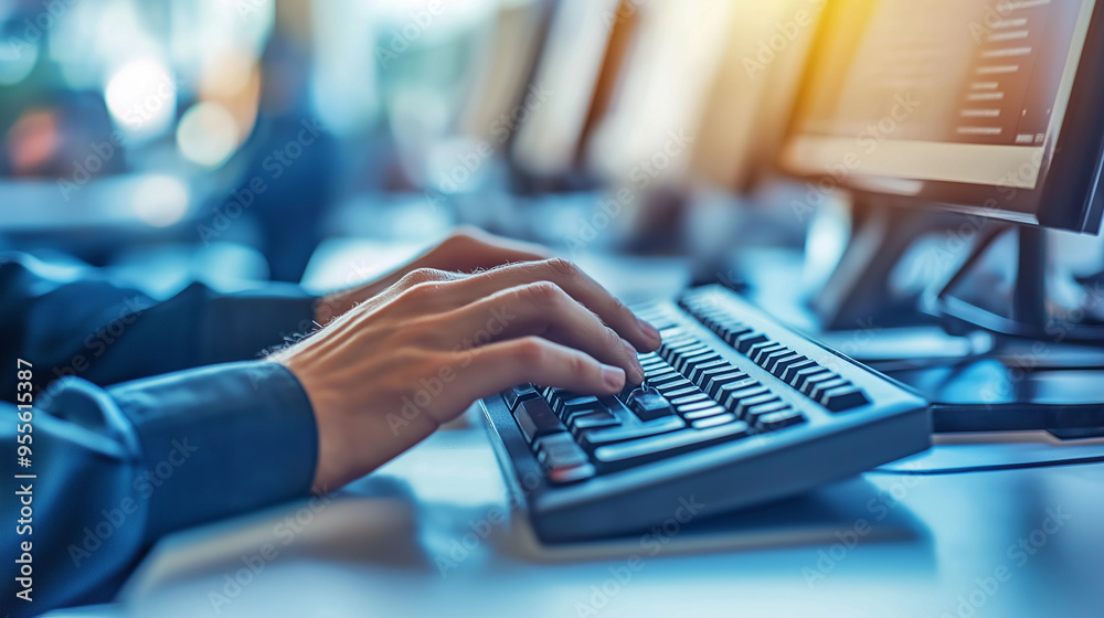 Poster Programmer writing code on keyboard at computer in office