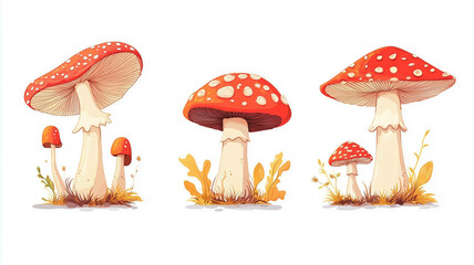 Illustration, set of Fly agaric isolated on white background, design for nursery. Fly agaric design for children’s book, school, education. Design element for autumn mockup.