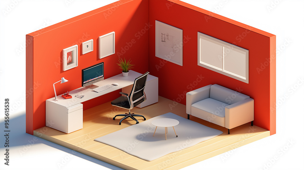 Poster Modern and minimal office space in isometric view with red walls