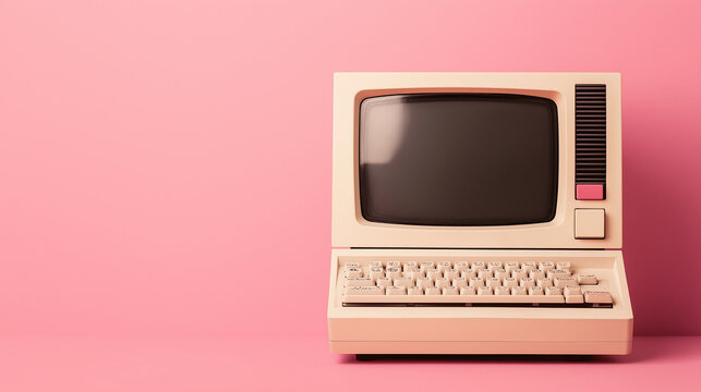 Old personal computer with keyboard standing on pink background