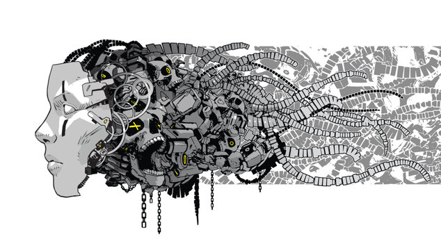 Fototapeta A graphic representation of a head featuring both cyborg head and machine elements, depicting a futuristic mask in a high-tech context.