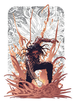 Fototapeta A graphic depiction of a superhero or antihero in a powerful landing pose, captured in a dynamic comic book style.