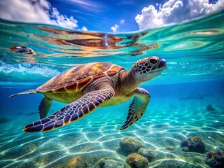 A Majestic Sea Turtle Swims Leisurely Through Crystal-Clear Waters, Its Slow Pace Reflecting The Serenity Of Its