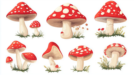 Illustration, set of Fly agaric isolated on white background, design for nursery. Fly agaric design for children&rsquo;s book, school, education. Design element for autumn mockup.