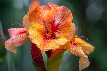 Vibrant Orange and Yellow Flower with Dew Drops in a Lush Green Background