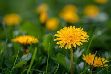 Vibrant Yellow Dandelions Blooming Amidst Lush Green Grass