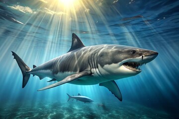 Fototapeta premium An Ancient, Prehistoric Megalodon Shark Swimming In The Ocean, Evoking Awe And Wonder At Its Sheer Size And