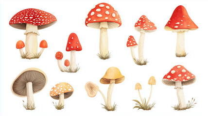 Illustration, set of Fly agaric isolated on white background, design for nursery. Fly agaric design for children’s book, school, education. Design element for autumn mockup.