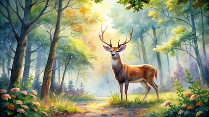 An Artistic Watercolor Painting Of A Serene Deer Standing In A Natural Woodland Setting