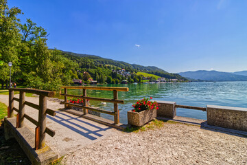 Wooden bridge, flowers swans and the lake - Lake Mondsee, Austria