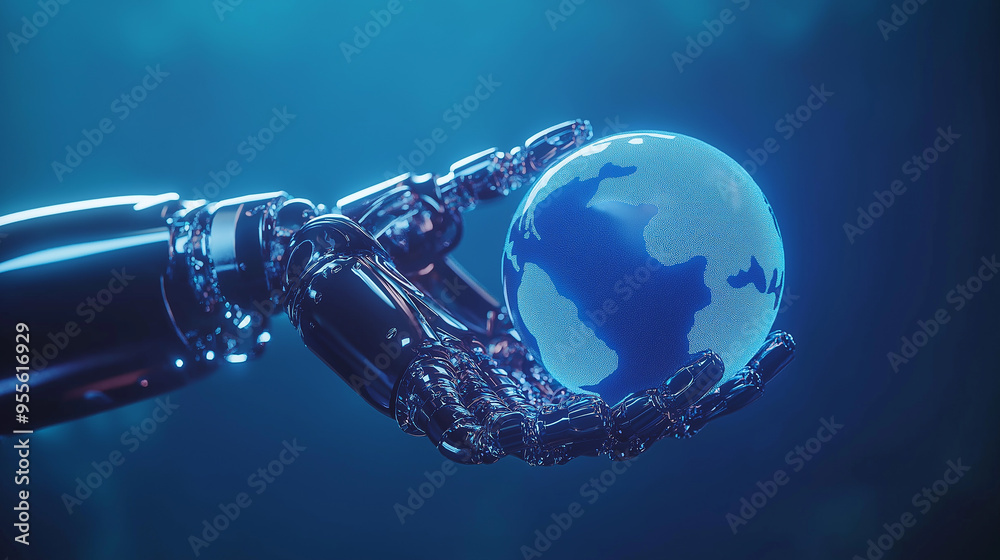 Aufkleber robot hand holding glowing earth globe, artificial intelligence technology