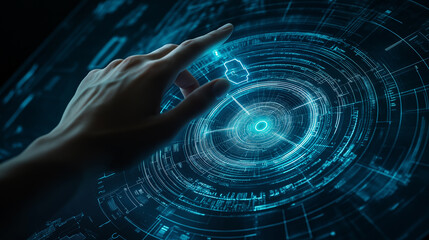 Software engineer touching futuristic digital technology user interface