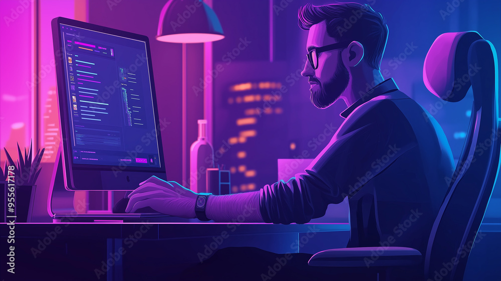 Poster Focused software developer working at desk on computer in neon light
