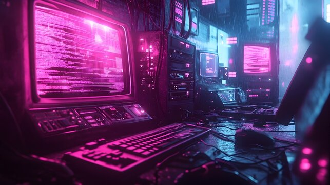 Cyber Punk Themed Webpage with Dark Neon Aesthetic and Holographic Glitches Advanced Computer