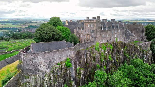 Aerial view of a Scottish castle, former Renaissance royal palace, with a great hall. Medieval castle of Stirling Castle located on top of a hill, Scotland.