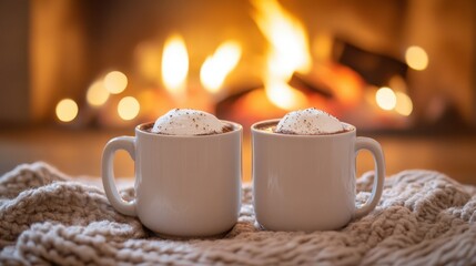 cozy fireplace scene with two hot cocoa mugs, ideal for a romantic offline date concept banner, perfect for a cozy night in