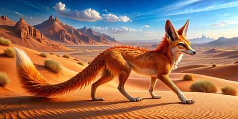 A sleek, agile, and adaptable predator with a reddish-orange coat and bushy tail, expertly navigating the arid dunes