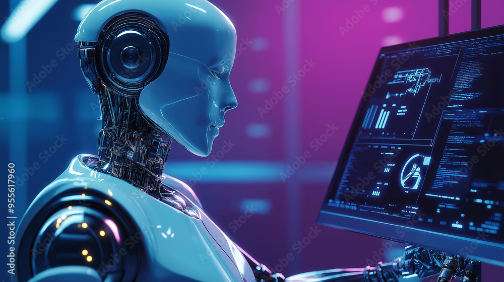 Aufkleber Modern robot working with big data on computer in futuristic laboratory