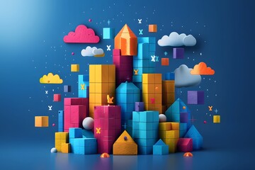Vibrant 3D Block Cityscape with Colorful Shapes and Clouds