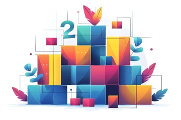 Vibrant Geometric Composition with Colorful Blocks and Leaves