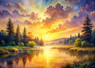 A Vibrant And Ethereal Watercolor Painting Capturing The Golden Hues Of A Majestic Sunrise Over A Tranquil Landscape.