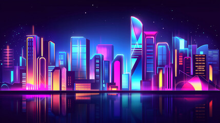 Futuristic neon city skyline reflecting in water at night