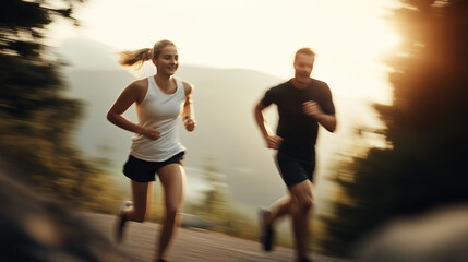 Couple running on the road at sunset - motion blur effect
