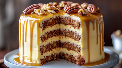 Delicious drip cake with caramel and pecan nuts on white plate