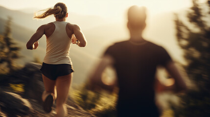 Fit couple trail running outdoors on mountain at sunset
