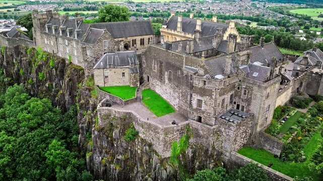 Aerial view of a Scottish castle, former Renaissance royal palace, with a great hall. Medieval castle of Stirling Castle located on top of a hill, Scotland.