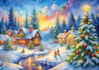 Obraz premium Captivating Watercolor Painting Depicting A Winter Wonderland With Festive Christmas Elements In Vibrant Hues.