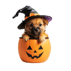 Ready for the Halloween Party: Close-up of Puppy with Witch Hat Inside Pumpkin, Isolated on Transparent Background, PNG