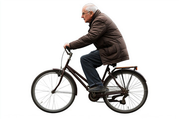 Naklejka premium Senior man riding a bicycle on white background
