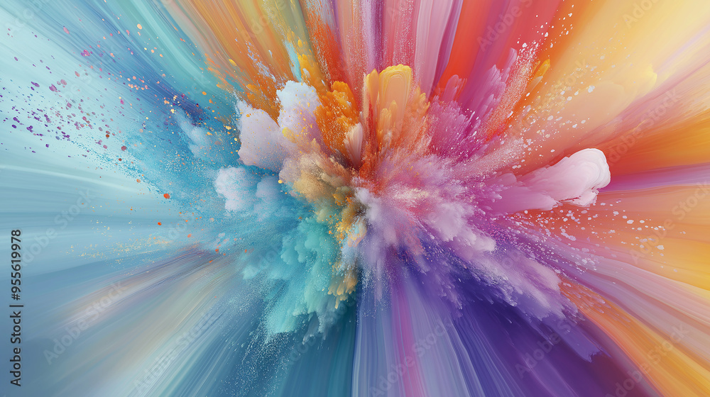 Poster Colorful powder exploding creating abstract background with copy space