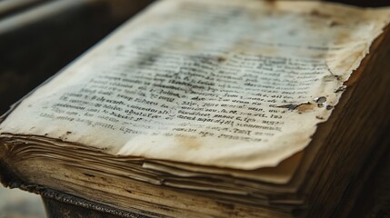 Close up of a weathered, yellowed page from an antique book, with faded ink stains and a subtle texture