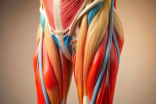 Close-up of the tensor of fascia lata, a band of fascia in the thigh, shown in vivid color