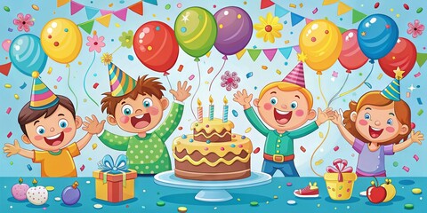 Fototapeta premium Colorful cartoon illustration of a joyful birthday scene with balloons, confetti, and a big cake, surrounded by playful