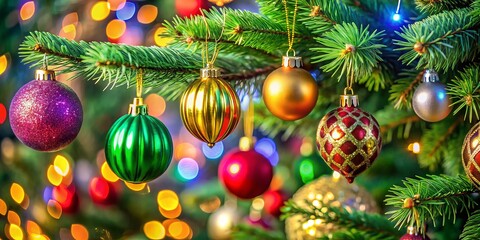 Fototapeta premium Colorful Christmas Ornaments Hanging On A Green Christmas Tree Amidst A Festive Holiday Backdrop