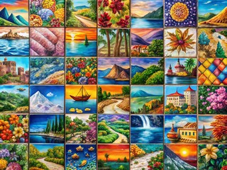 Fototapeta premium Colorful ceramic tiles showcasing vibrant photographs of exotic landscapes, abstract patterns, and whimsical