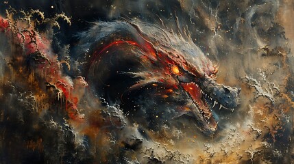 A fiery dragon emerges from a swirling cloud of smoke and ash, its glowing eyes piercing the darkness.