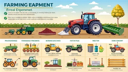 Obraz premium Colorful infographic illustrating various types of farming equipment, including tractors, harvesters, plows, and