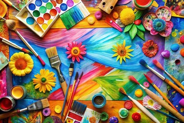 Obraz premium Colorful mixed-media collage featuring vibrant paintbrush strokes, abstract shapes, and whimsical illustrations,