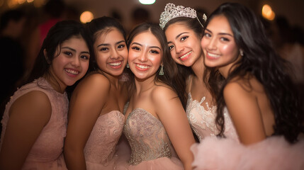 Obraz premium Group of hispanic girls smiling in formal dresses