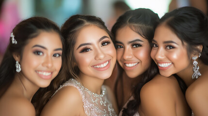 Fototapeta premium Four beautiful hispanic girls smiling together at event