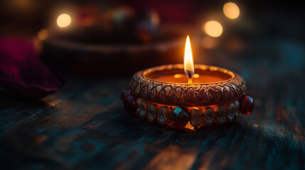 Burning diwali diya with bokeh background on rustic wooden table