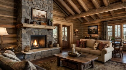 Obraz premium interior design of a rustic log cabin