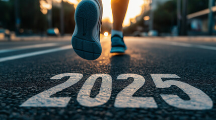 Athlete running towards 2025 new year goals on city street