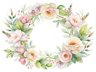 Delicate, dreamy watercolor wreath with soft floral blooms and foliage in pastel hues, perfect for spring, Easter, or